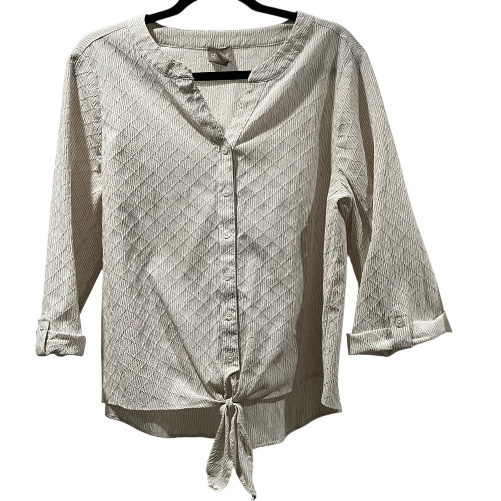 Chicos Women's Button Down Shirt, Tie Front, Striped, Collared, 3/4 Sleeve, Sz 2